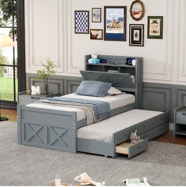 EPOCH VENTS TwinSizeWoodenBedwithStorageHeadboardandTwinSizeTrundle