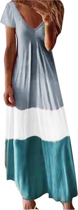 Gofodn Maxi Dresses for Women UK Plus Size Summer Casual V Neck Short Sleeve Bohemian Gradient Patchwork Loose Long Dress