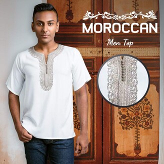 MAGHREBI BY SHEENAZ FAZREEN Maghrebi Moroccan Men Short Kurta | Embroidered  Neckline Solid Dashiki Style Tops – Short Sleeve North African Style  Traditional Festival Shirt (Sesame)- Large - ShopStyle