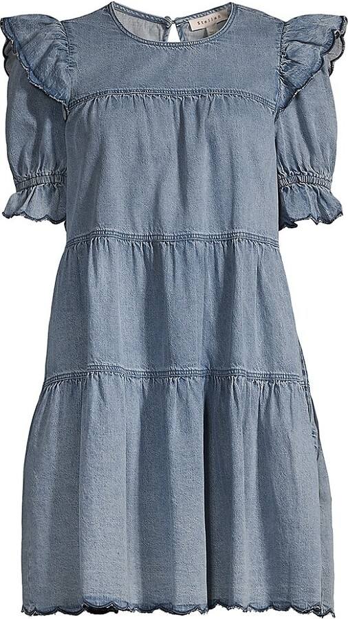 STELLAH Denim PuffSleeve Tiered Minidress ShopStyle Day Dresses