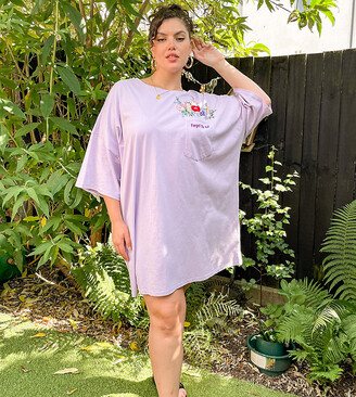 ASOS Curve DESIGN Curve oversized t-shirt dress with pocket floral embroidery in lilac