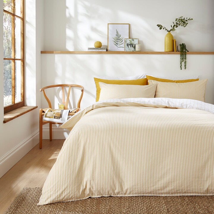 Dunelm Fairford Ticking Stripe Ochre Duvet Cover Pillowcase Set