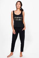 Thumbnail for your product : boohoo Eloise Sparkling Slogan Vest + Trouser PJ Set