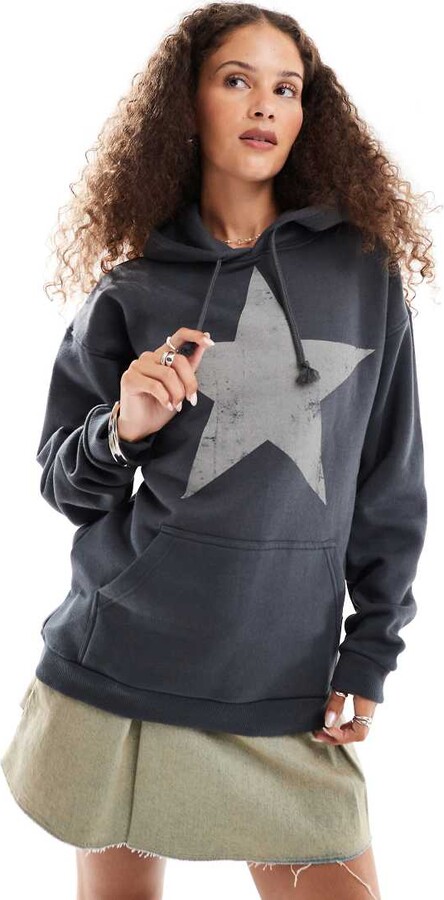Minga London oversized grunge star hoodie in charcoal grey ShopStyle