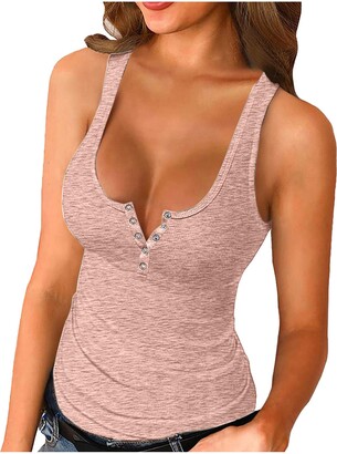 Younthone Fashion Women Tops Womens Summer Solid Color Low-Cut Sexy Button V-Neck Sleeveless Vest T-Shirt Top (S