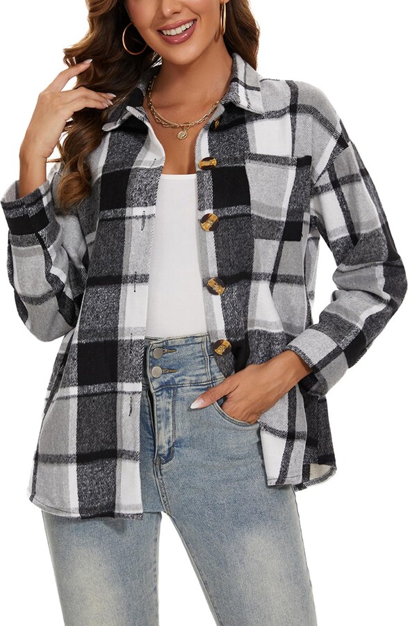 MINTLIMIT Womens Flannel Jacket Shacket Checked Shirt Long Sleeves Oversize  Baggy Boyfriend Coat (Black XL) - ShopStyle