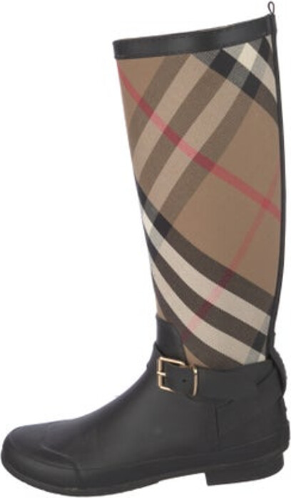 Burberry Rubber Knee-High Rain Boots Black, Neutrals & Red House Check Pattern Rubber Trim Round-Toes with Leather Trim Embellishment Buckle Closure at Ankles Designer
