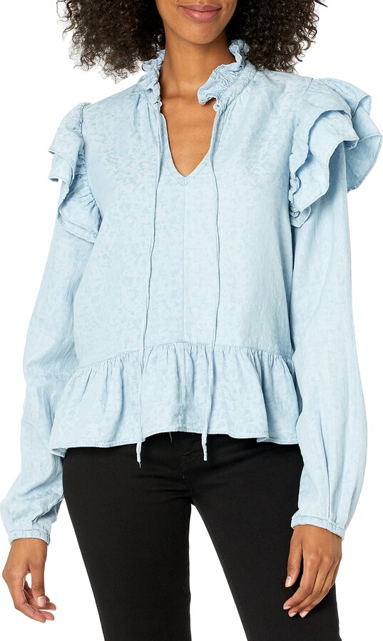 Blank NYC Womens Luxury Clothing Light Wash Printed Denim Shirt with Ruffle  Detail & Keyhole Tie Neck - ShopStyle Tops