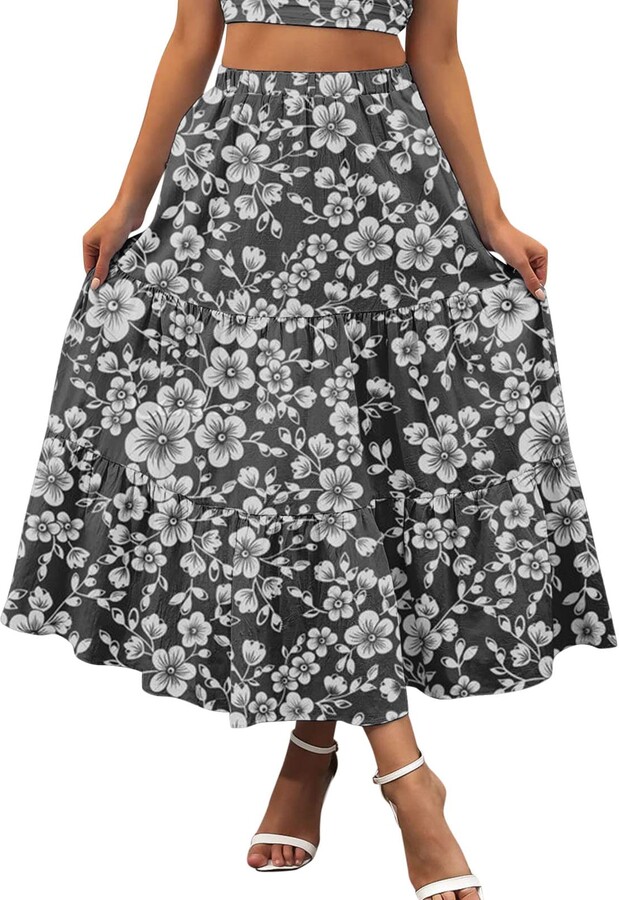 Eauptffy Line Beach Skirt A Floaty Pocket Dress Print Swing Summer Pleated  Long Elastic Waist Women Boho Animal Skirt Black Women - ShopStyle