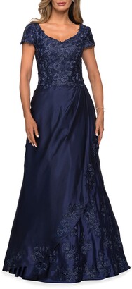 La Femme Embroidered Lace Mikado Gown