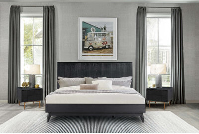 George Oliver Donzel Modern 3 Piece King or Queen Size Bedroom Set with Headboard in Black Brushed Oak Wood