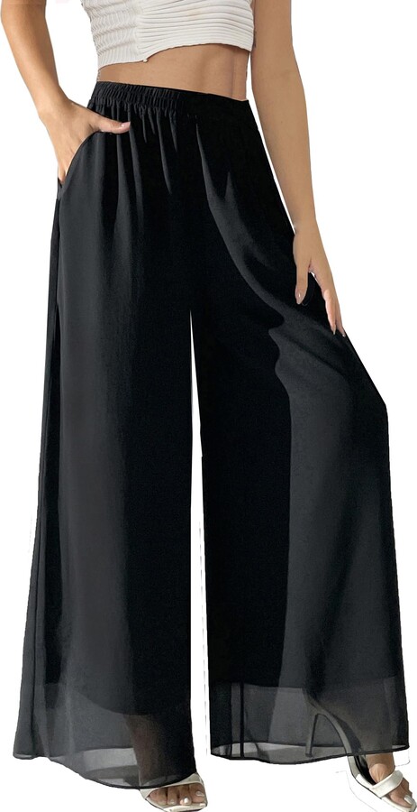 Wide Leg Chiffon Pants Women's Flowy Palazzo Pants High Waisted