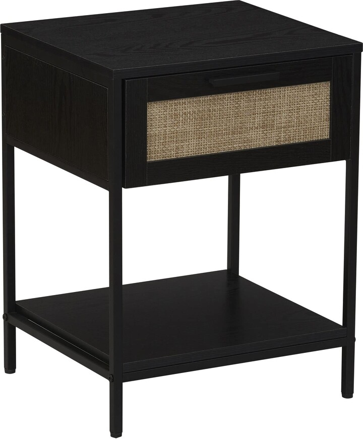 Household Essentials Bungalow Rectangular Console Sofa Table with Storage Shelf and 2 Drawers Coastal Oak Rustic Wood Grain Woven Front and White Metal