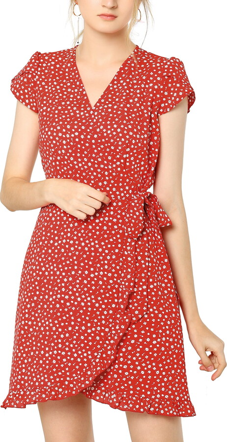 Unique Bargains Women’s Floral Print Ruffle Hem V Neck Chiffon Wrap Dress