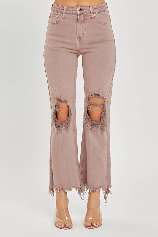 RISEN High Rise Knee Distressed Straight Jean In Mauve