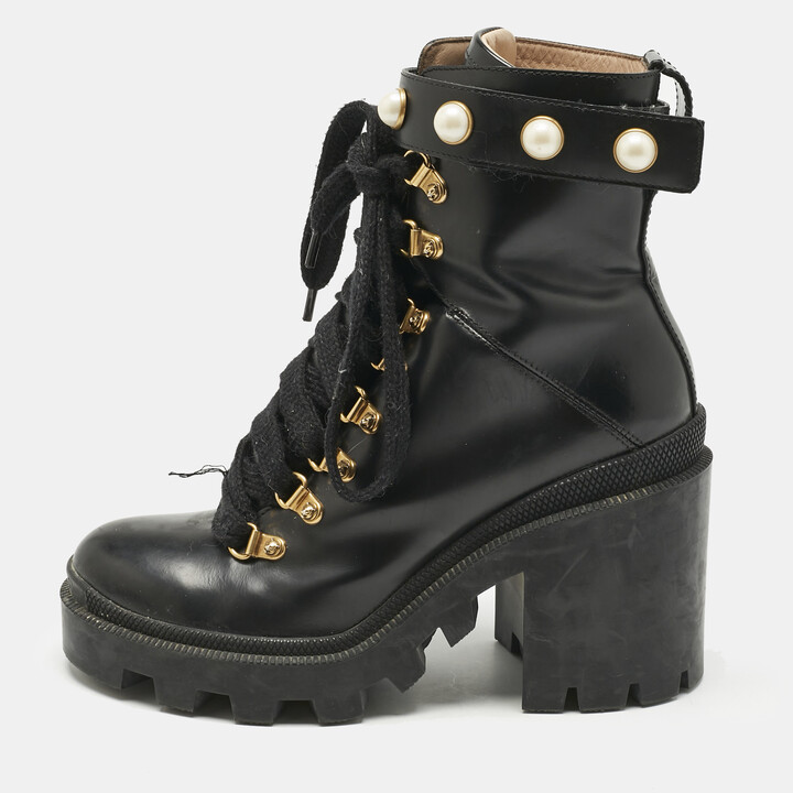 Gucci Black Leather Faux Pearl Embellished Trip Ankle Length Boots Size 36