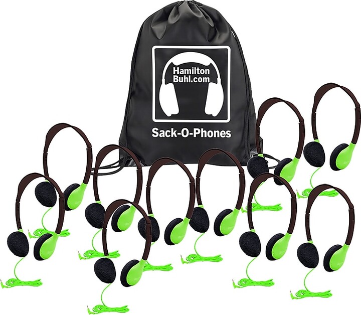 Hamilton Buhl HamiltonBuhl Sack-O-Phones: 10 Personal Headphones in a Carry Bag, Green (HECSOPHA2GRN)