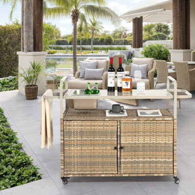 Aches Outdoor Wicker Bar Cart with Cabinet