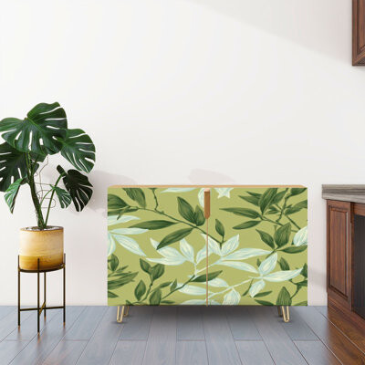 Dakota Fields Sideboard Buffet Cabinet with Storage Green bamboo leaves with 2 Doors for Living Room and Kitchen