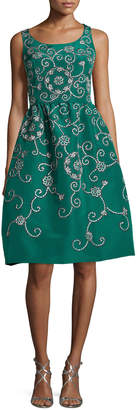 Oscar de la Renta Embroidered Floral Scroll Full-Skirt Party Dress, Green