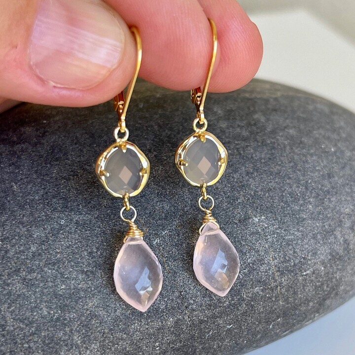 Etsy Rose Quartz & Gray Moonstone Earrings, Blush Pink Dangle Gold Delicate Two Stone Drops Elegant Gift For Girlfriend