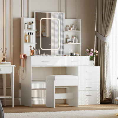 Makeup Vanity with Mirror, 6 Drawers & Shelves, Charging Ports, Hairdryer Holder & Stool, 3-Color Adjustable Lights for Bedroom, White