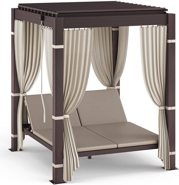 LUE BONA Himba 6.5 ft. x 6 ft. Brown Aluminum Outdoor Gazebo Adjustable Louvered Roof Day Bed with Cushion Reclining Backrest