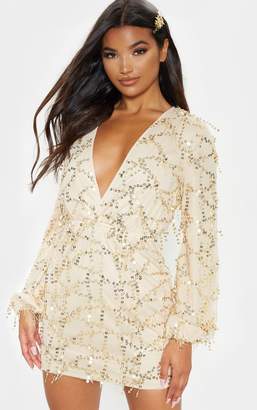 PrettyLittleThing Gold Plunge Sequin Long Sleeve Bodycon Dress