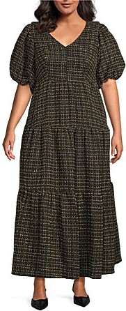 Sugar Lips Plus Carrol Zaylee Tweed May V-Neck Short Sleeve Tiered Midi Dress