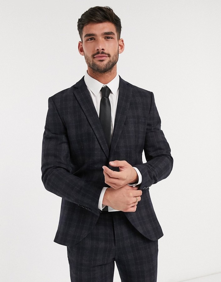Selected skinny suit jacket in navy check - ShopStyle