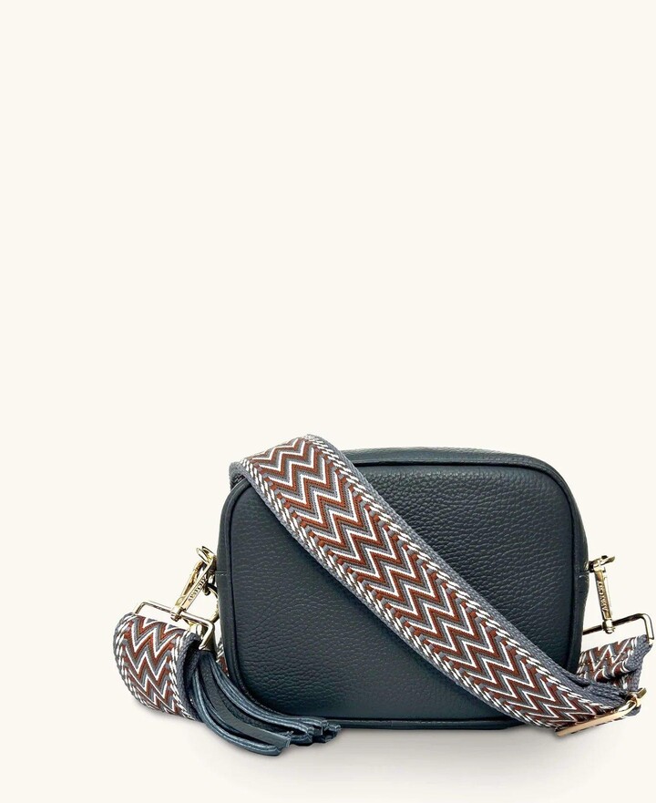 Apatchy London Dark Grey Leather Crossbody Bag With Tan Boho Strap