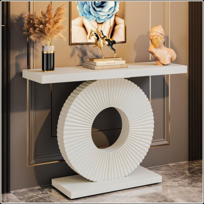 Latitude Run Modern White Console Table With Sculptural Geometric Base - Slim Entryway Sofa & Hallway Accent Table For Living Room