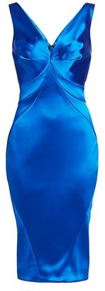 Zac Posen Seamed Stretch Satin V-Neck Cocktail Dress
