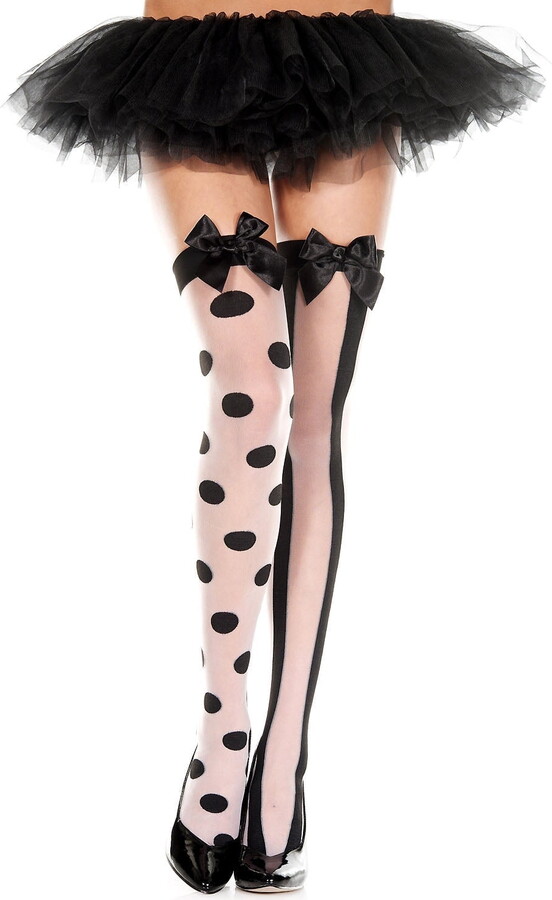 Music Legs Women’s Women’s Polka dot and striped mismatch thigh hi with satin bow 4130-BLACK/WHITE