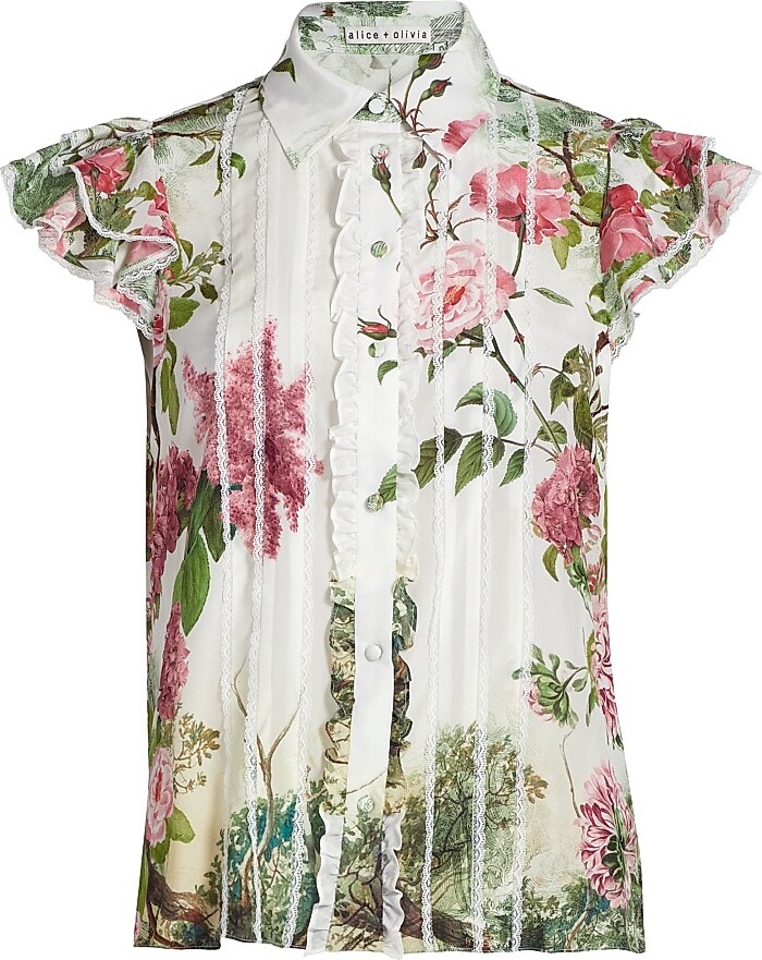 Alice + Olivia Women's Minda Floral Silk & Lace Blouse - Rose Whisper - Size XS