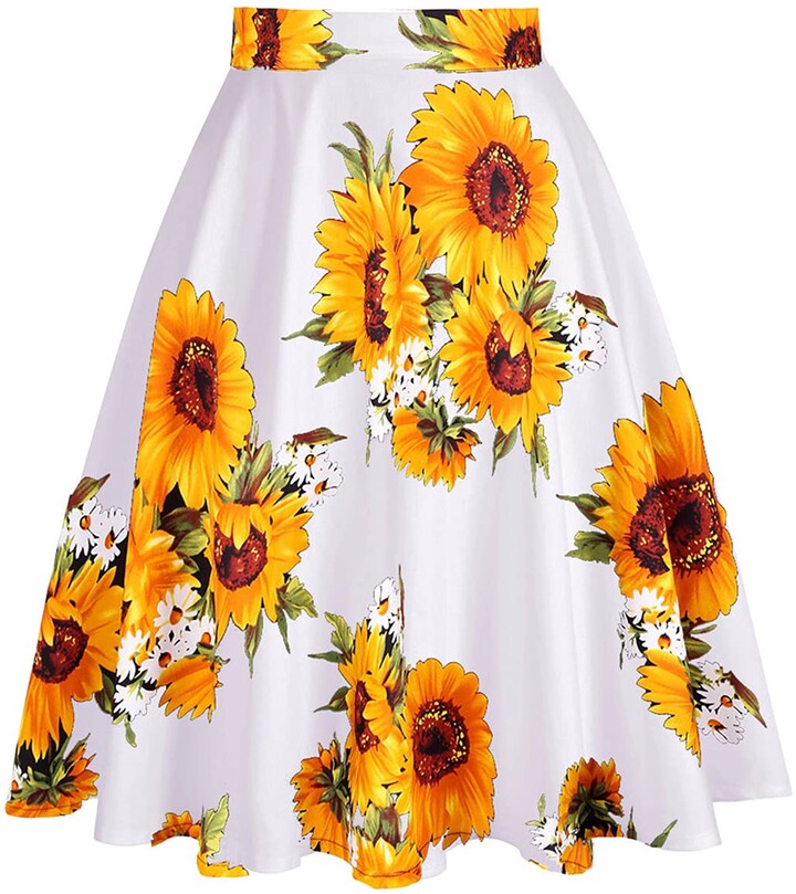 Hrervery Women Sunflower Printed Skirt Plus Size A-Line Knee-Length ...