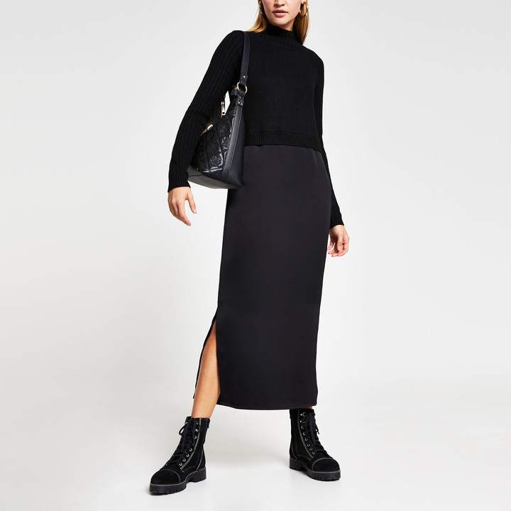 River Island Womens Black satin Long Sleeve Midi Jumper dress