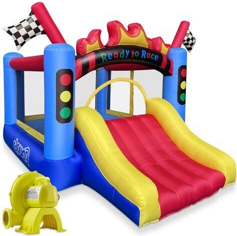 Cloud Nine Cloud 9 Inflatable Bounce House and Blower, Race Car Track Theme Bouncer for Kids with Slide and Large Jumping Area