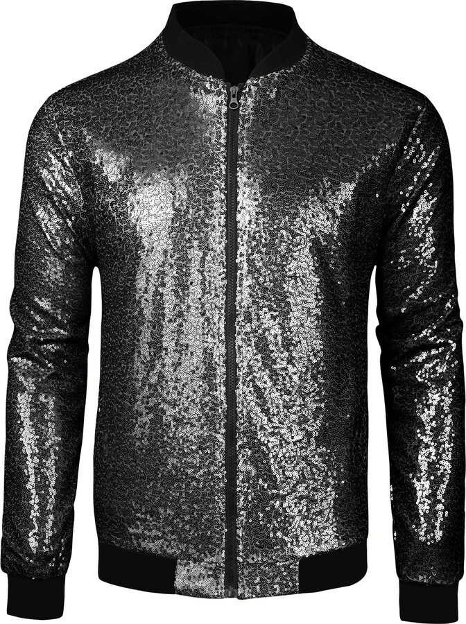 Lars Amadeus Men's Varsity Jacket Halloween Party Disco Shiny Sparkly Glitter Sequins Bomber