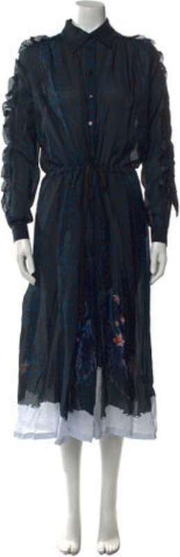 Preen by Thornton Bregazzi Silk Shirtdress Blue Printed Long Sleeve with Collar Button Closure at Front Designer
