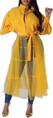 Aladeno Women Sheer Mesh See Through Dress Puff Sleeve Button Down