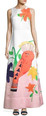 Alice + Olivia Honey Sleeveless Printed A-Line Gown, White/Multicolor