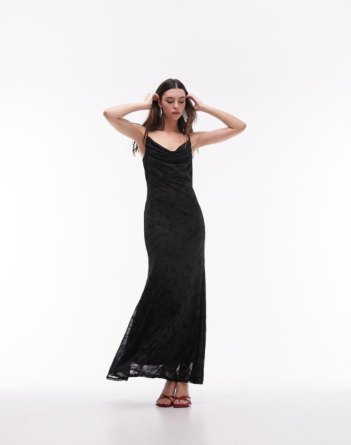 Topshop cowl neck jacquard maxi slip dress in black floral ShopStyle