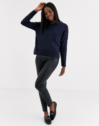 Brave Soul crew neck jumper with button detail in navy