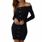 Thumbnail for your product : Gofodn Dresses for Women Sweater Pullover Jumper Sexy Solid Button Off Shoulder Hip Long Sleeve Party Mini Dress Black
