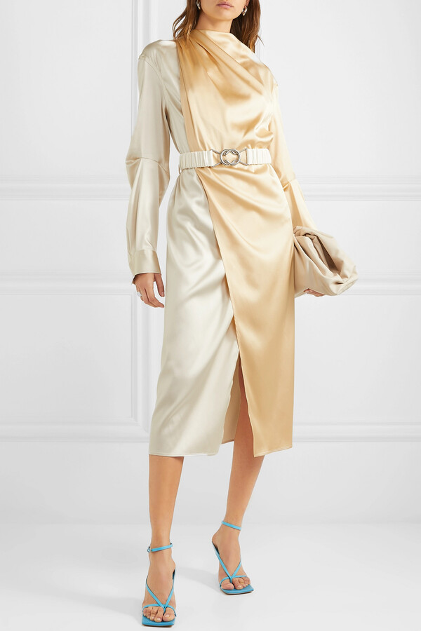 Bottega Veneta Belted Two-tone Stretch-silk Satin Wrap Dress - Ivory -  ShopStyle