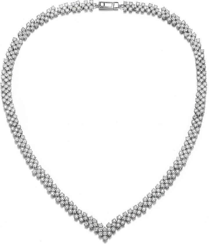Genevive Radiant Three-Row Sterling Silver Necklace with Clear Princess Cubic Zirconia and Rhodium Plating