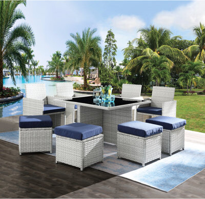 Ebern Designs 9Pcs Blue Fabric And Bistro - Chairs, Ottomans, Table In With 4 Ottomans