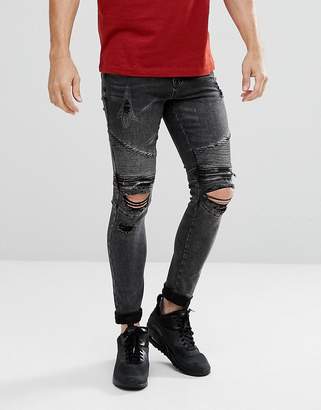 New Look Skinny Biker Jeans With Rips In Black Wash