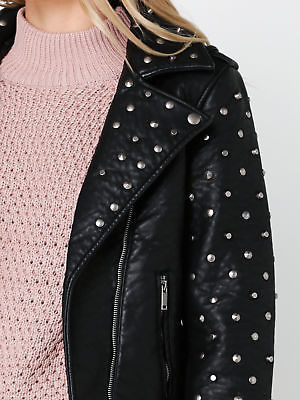 Glamorous New Womens Studded Biker Jacket In Black Jackets Leather & PU